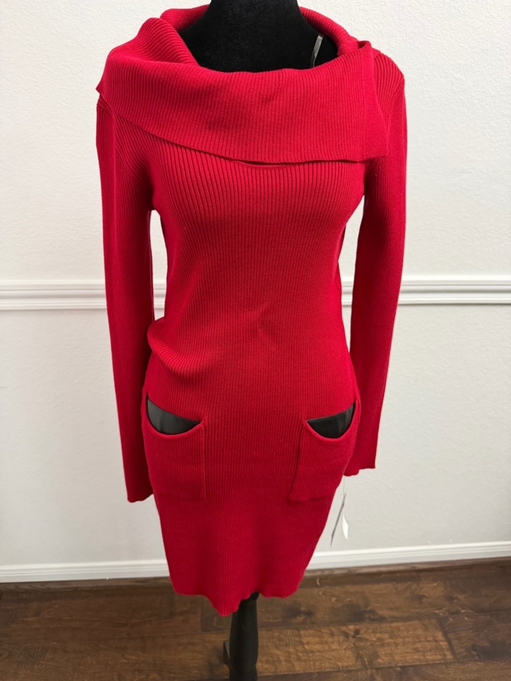 BCX Red Ribbed Long-Sleeve Sweater Dress with Pocket Detail